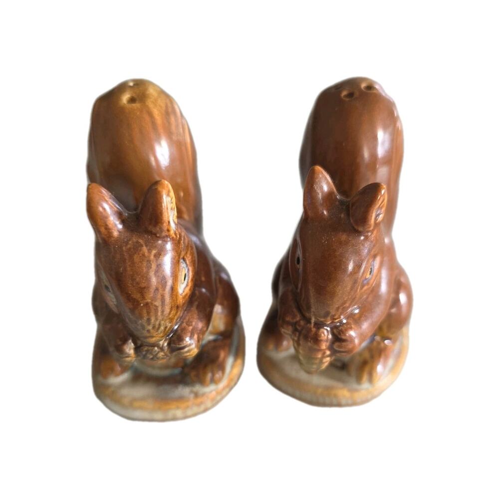 Vintage Squirrel Salt Pepper Shakers MCM Ceramic Brown Glaze W/ Stoppers 3" 70s